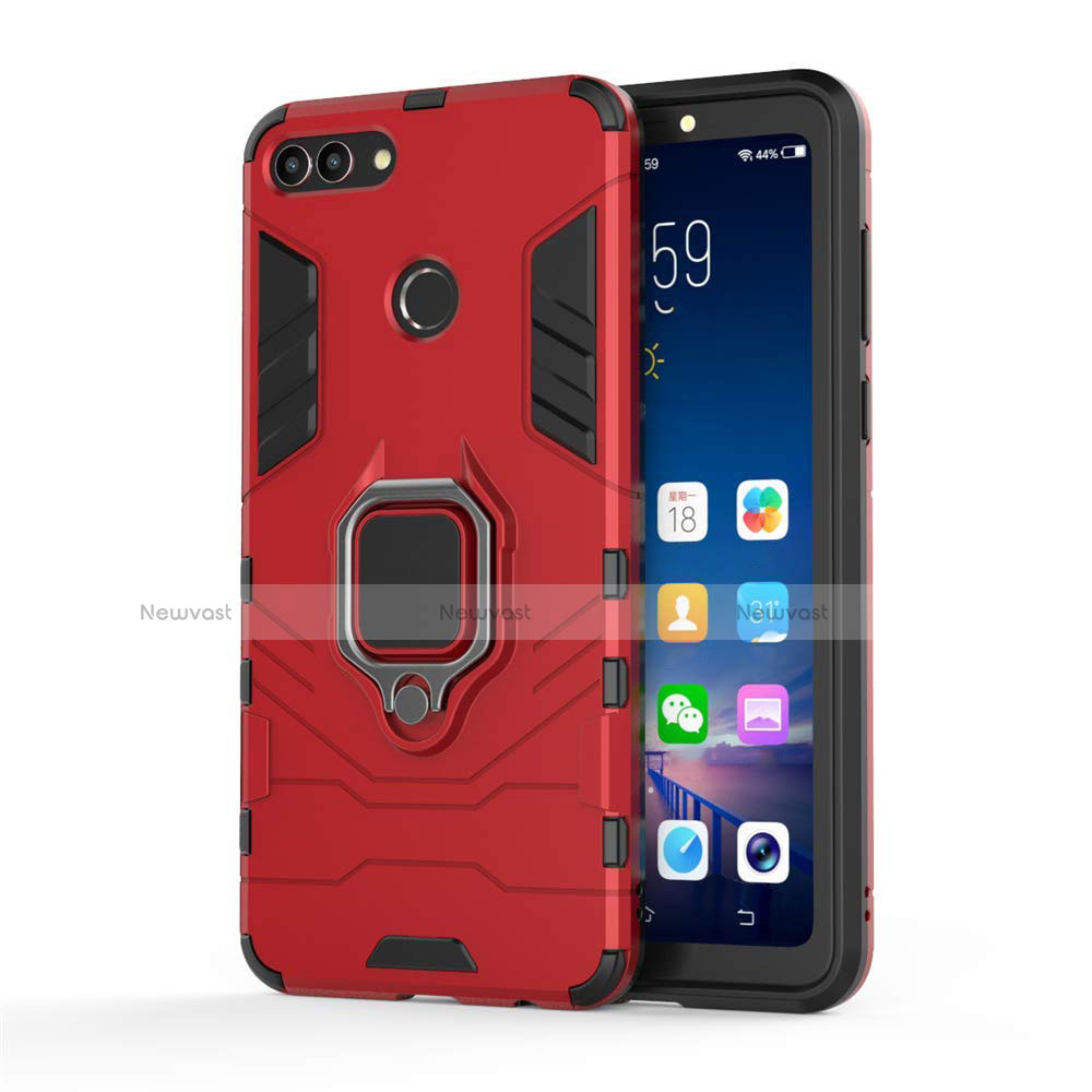 Silicone Matte Finish and Plastic Back Cover Case with Magnetic Stand for Huawei Enjoy 8 Plus Red
