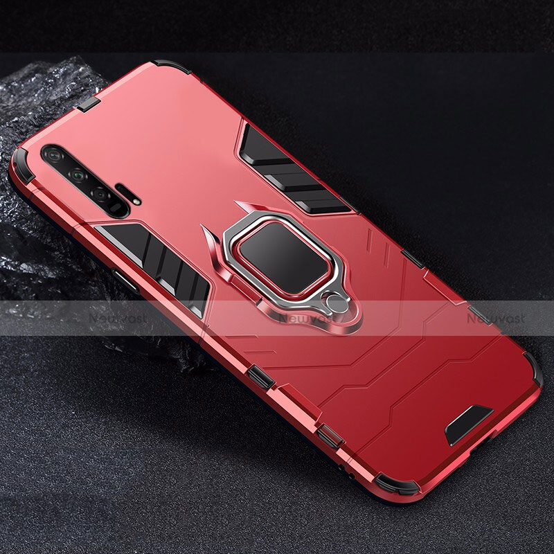 Silicone Matte Finish and Plastic Back Cover Case with Magnetic Stand for Huawei Honor 20 Pro Red