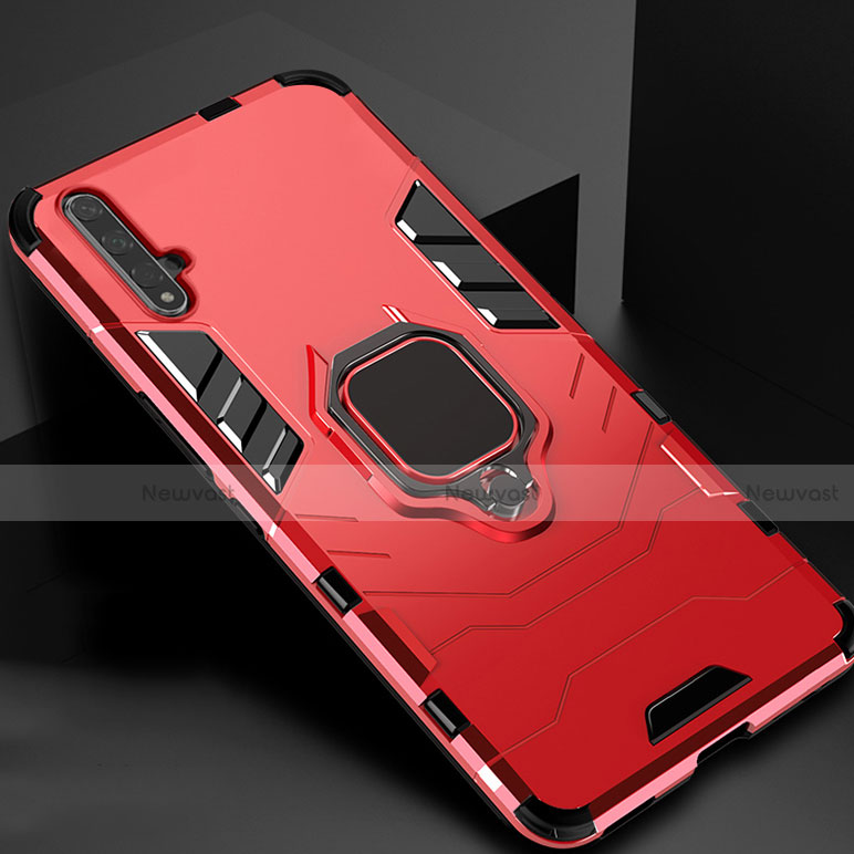 Silicone Matte Finish and Plastic Back Cover Case with Magnetic Stand for Huawei Honor 20 Red