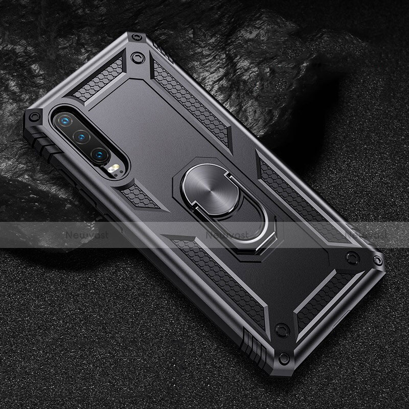 Silicone Matte Finish and Plastic Back Cover Case with Magnetic Stand for Huawei P30 Black