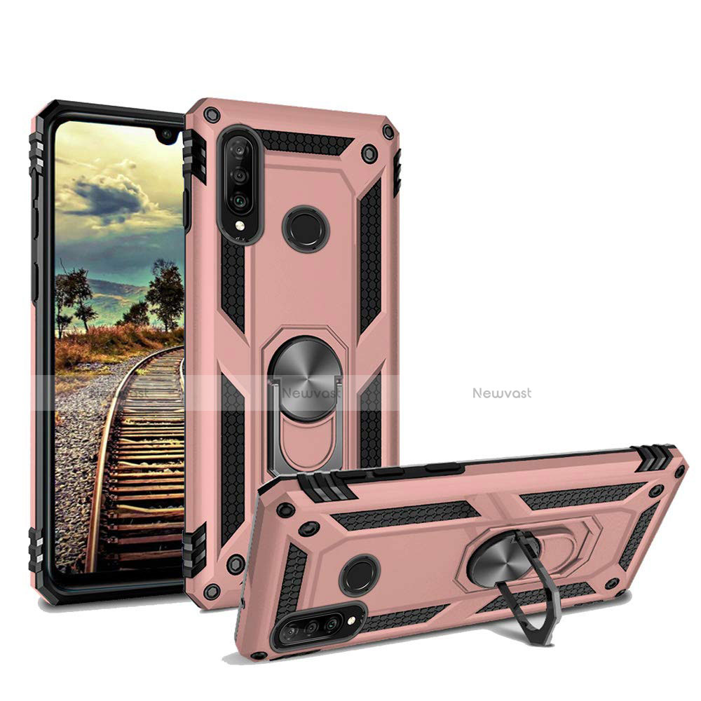Silicone Matte Finish and Plastic Back Cover Case with Magnetic Stand for Huawei P30 Lite New Edition Rose Gold