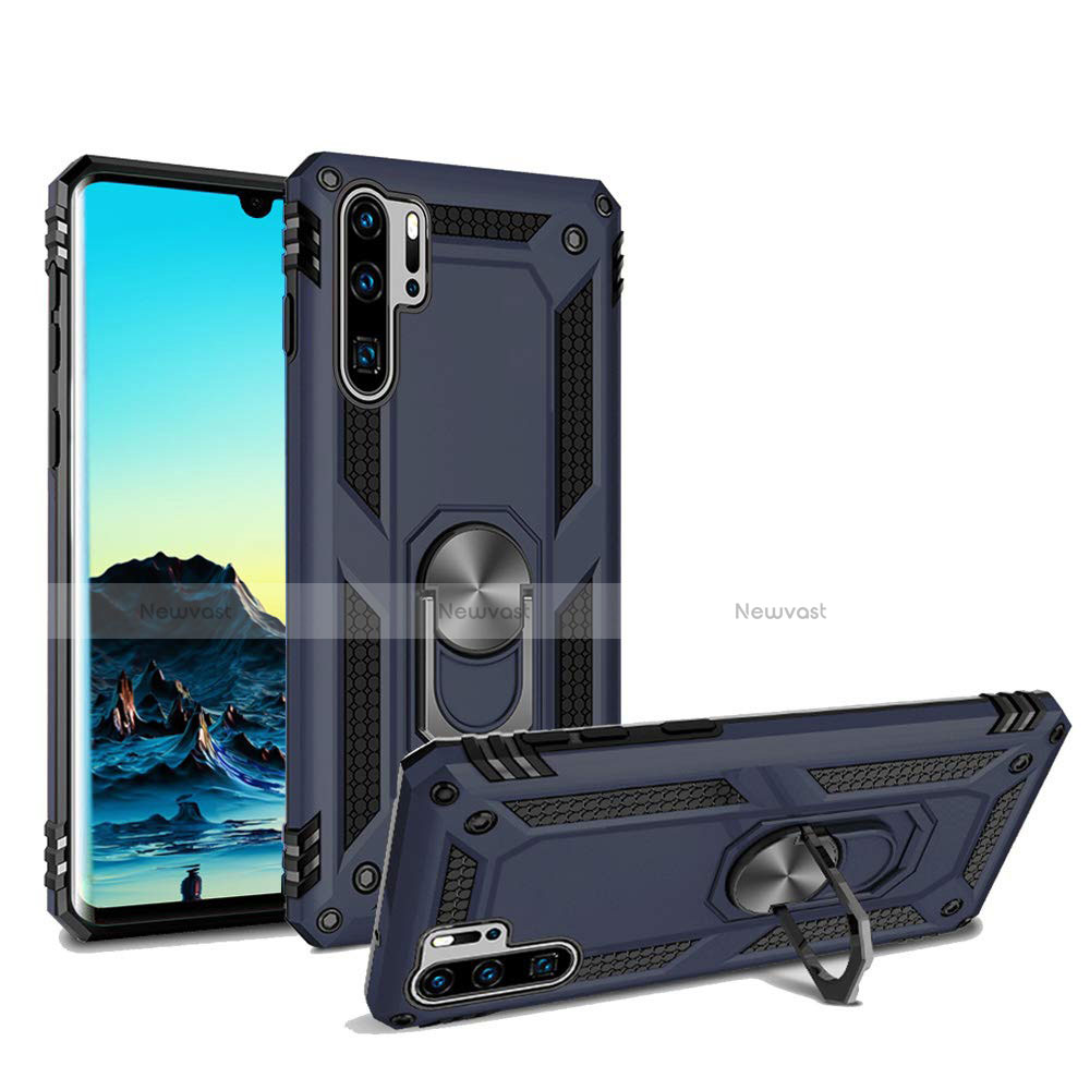 Silicone Matte Finish and Plastic Back Cover Case with Magnetic Stand for Huawei P30 Pro Blue