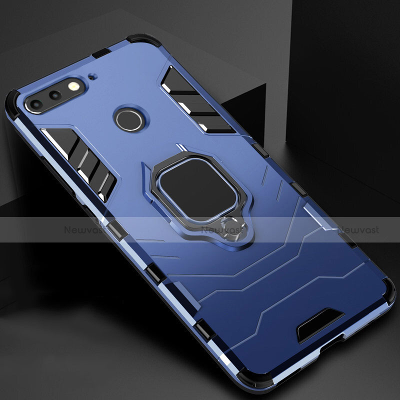 Silicone Matte Finish and Plastic Back Cover Case with Magnetic Stand for Huawei Y6 (2018) Blue