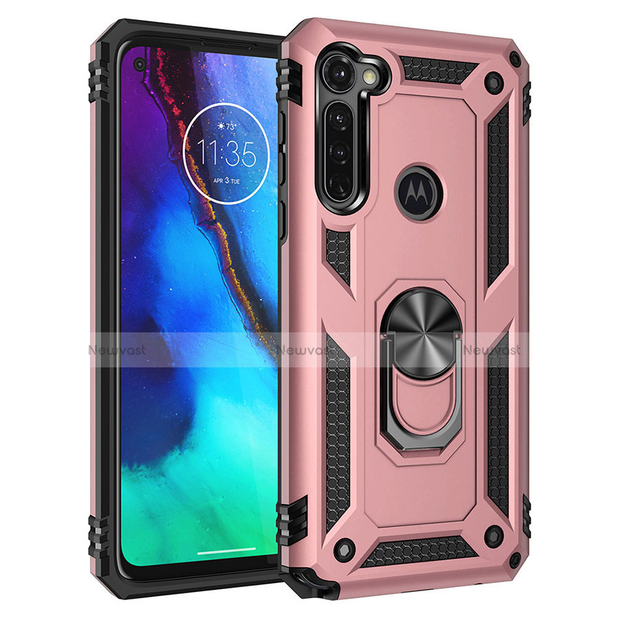 Silicone Matte Finish and Plastic Back Cover Case with Magnetic Stand for Motorola Moto G Pro Rose Gold