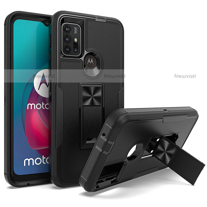 Silicone Matte Finish and Plastic Back Cover Case with Magnetic Stand for Motorola Moto G20