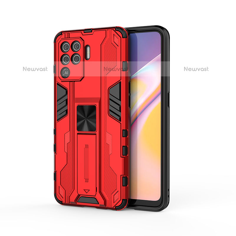 Silicone Matte Finish and Plastic Back Cover Case with Magnetic Stand for Oppo F19 Pro