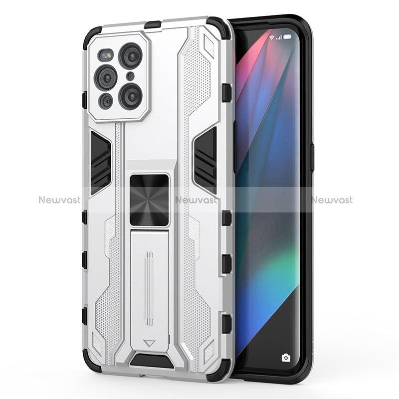 Silicone Matte Finish and Plastic Back Cover Case with Magnetic Stand for Oppo Find X3 5G White