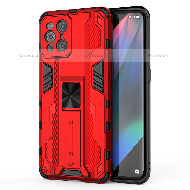 Silicone Matte Finish and Plastic Back Cover Case with Magnetic Stand for Oppo Find X3 Pro 5G Red