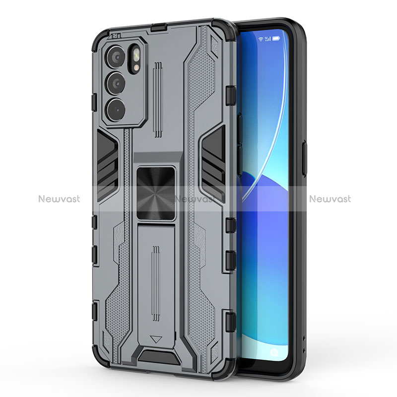 Silicone Matte Finish and Plastic Back Cover Case with Magnetic Stand for Oppo Reno6 5G Gray