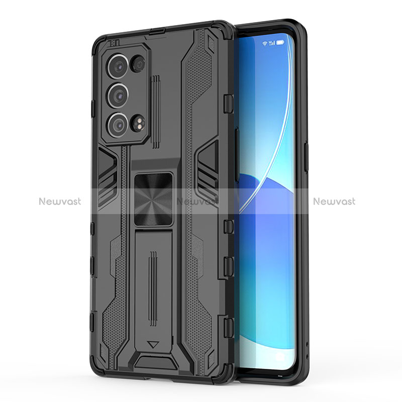 Silicone Matte Finish and Plastic Back Cover Case with Magnetic Stand for Oppo Reno6 Pro 5G Black