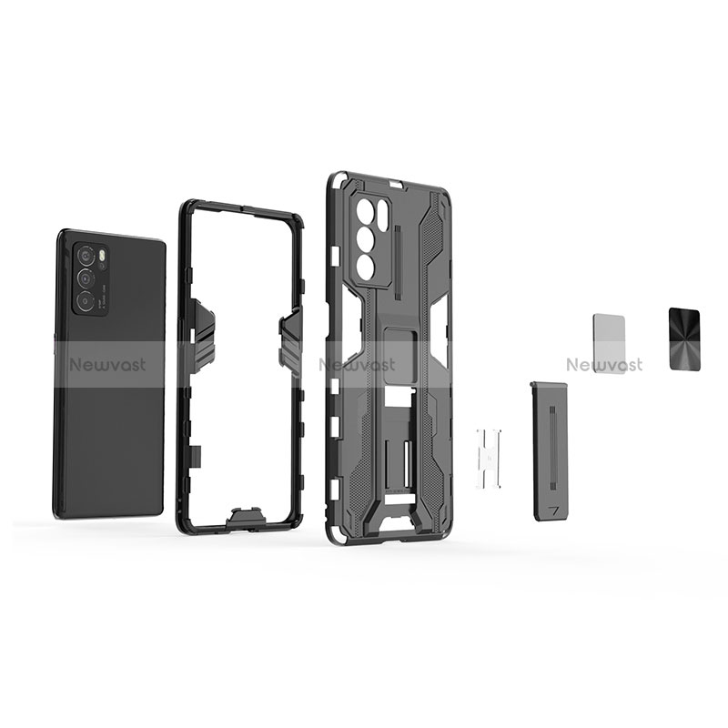 Silicone Matte Finish and Plastic Back Cover Case with Magnetic Stand for Oppo Reno6 Pro 5G India