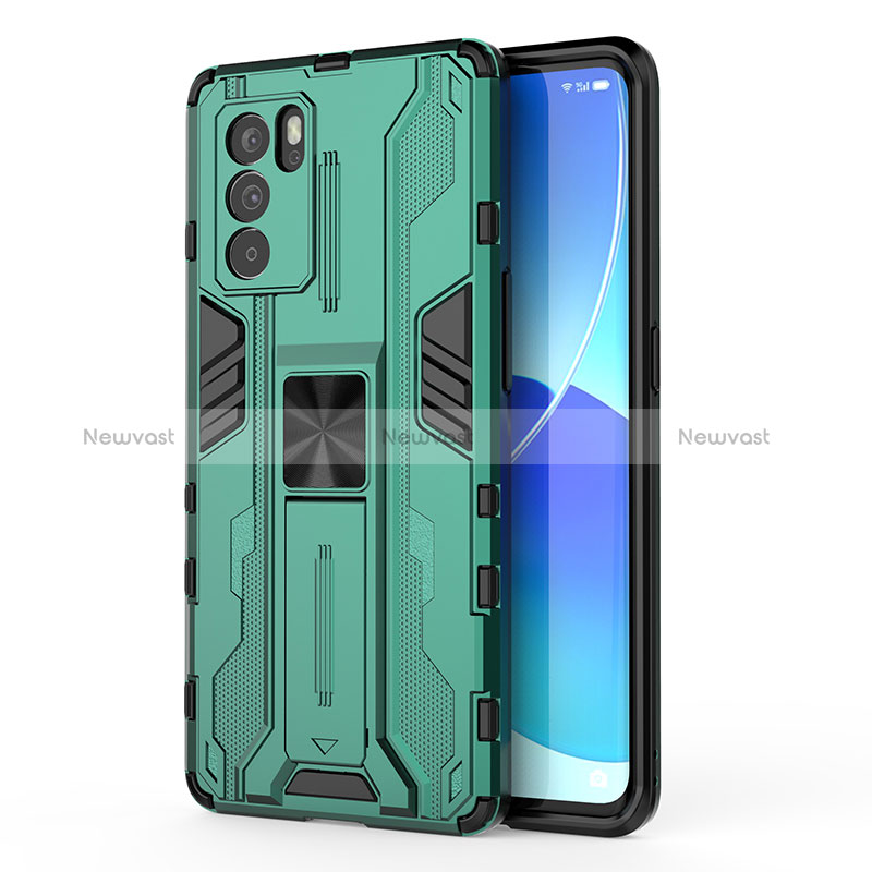 Silicone Matte Finish and Plastic Back Cover Case with Magnetic Stand for Oppo Reno6 Pro 5G India