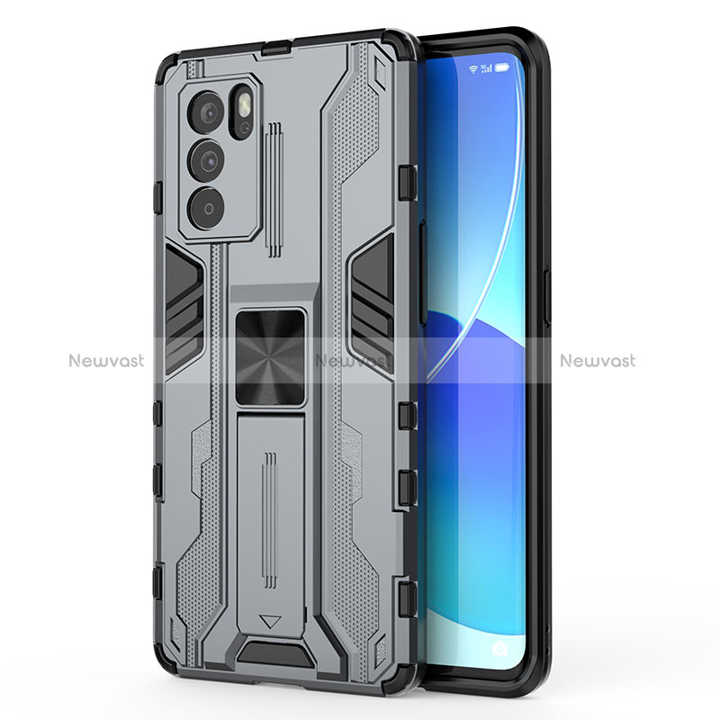 Silicone Matte Finish and Plastic Back Cover Case with Magnetic Stand for Oppo Reno6 Pro 5G India