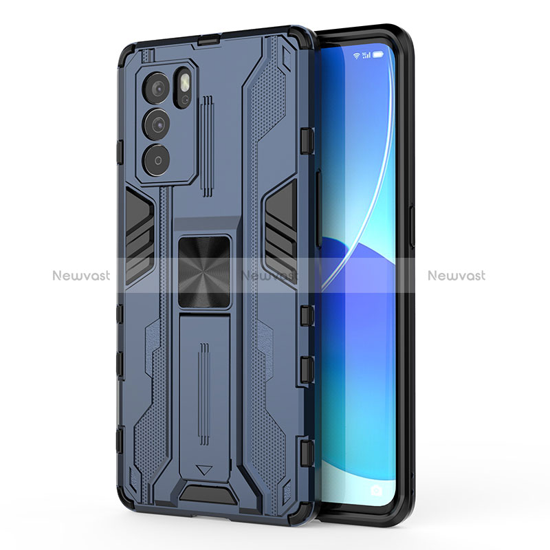 Silicone Matte Finish and Plastic Back Cover Case with Magnetic Stand for Oppo Reno6 Pro 5G India Blue