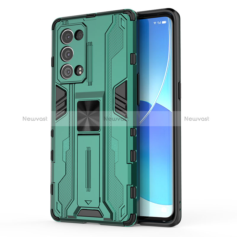 Silicone Matte Finish and Plastic Back Cover Case with Magnetic Stand for Oppo Reno6 Pro+ Plus 5G Green