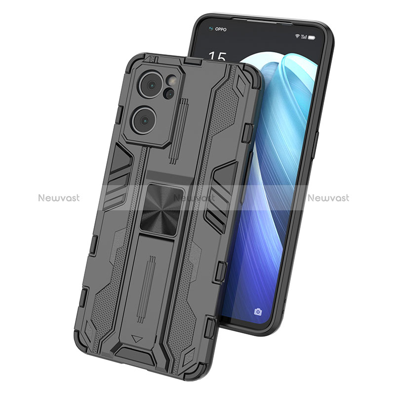 Silicone Matte Finish and Plastic Back Cover Case with Magnetic Stand for Oppo Reno7 5G