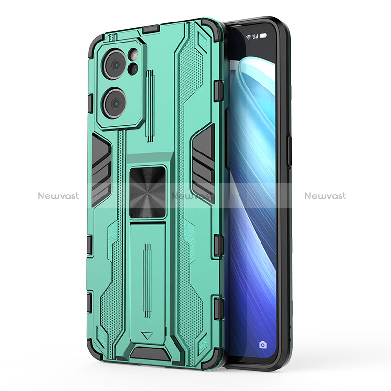 Silicone Matte Finish and Plastic Back Cover Case with Magnetic Stand for Oppo Reno7 5G Green