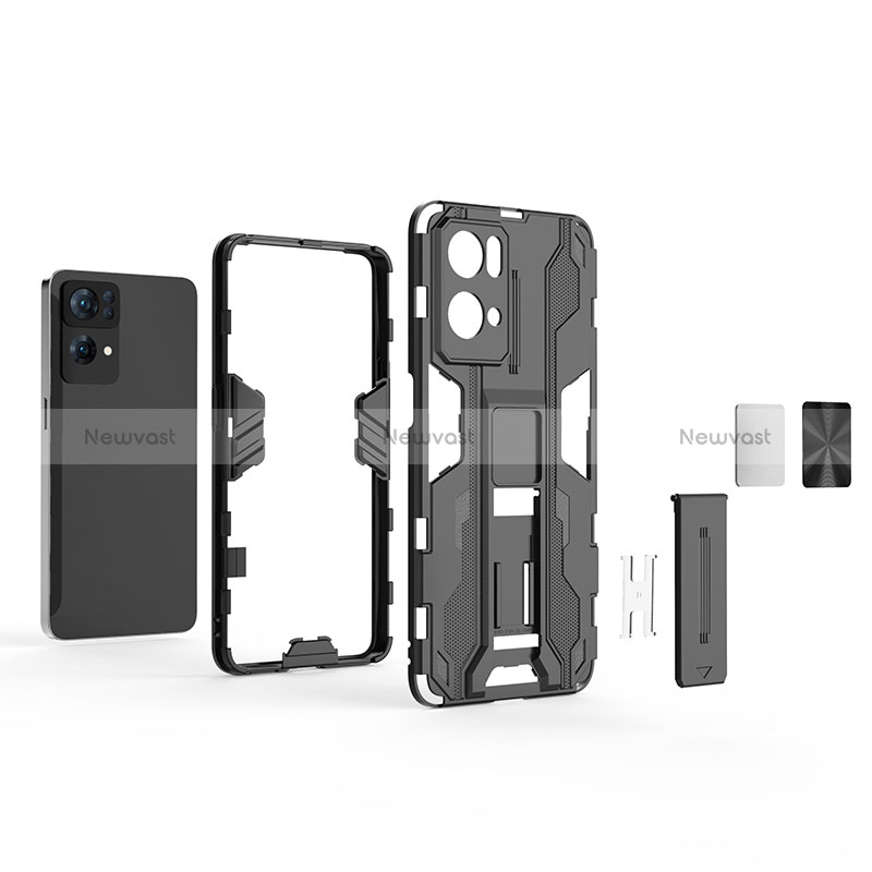 Silicone Matte Finish and Plastic Back Cover Case with Magnetic Stand for Oppo Reno7 Pro 5G