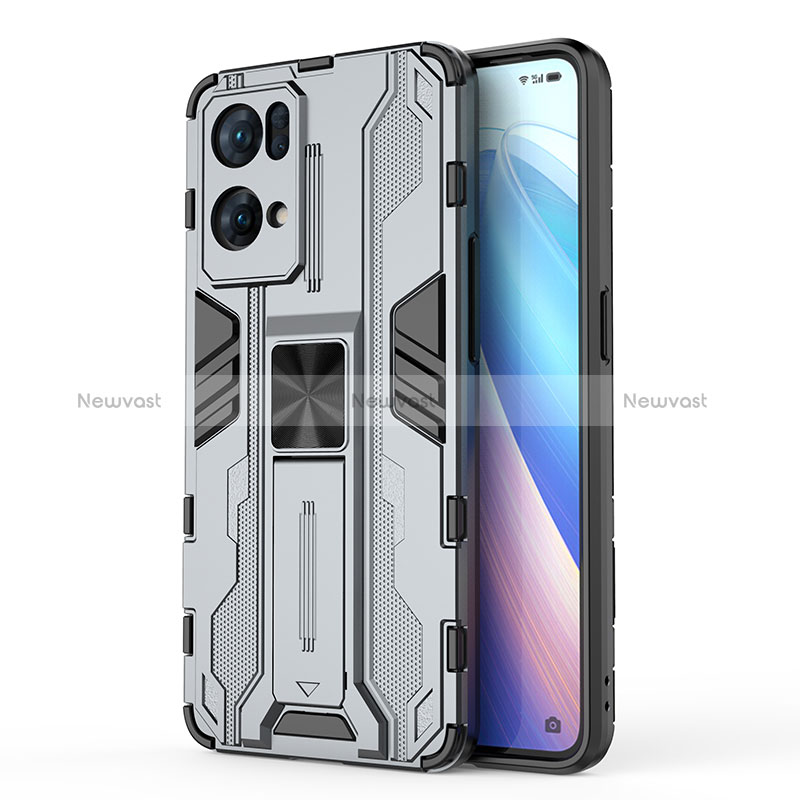 Silicone Matte Finish and Plastic Back Cover Case with Magnetic Stand for Oppo Reno7 Pro 5G Gray