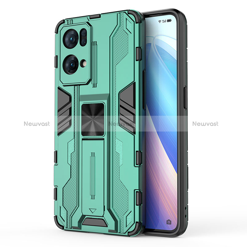 Silicone Matte Finish and Plastic Back Cover Case with Magnetic Stand for Oppo Reno7 Pro 5G Green