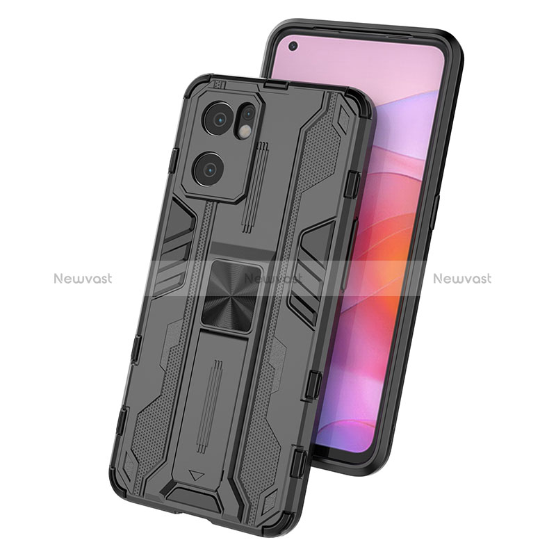 Silicone Matte Finish and Plastic Back Cover Case with Magnetic Stand for Oppo Reno7 SE 5G