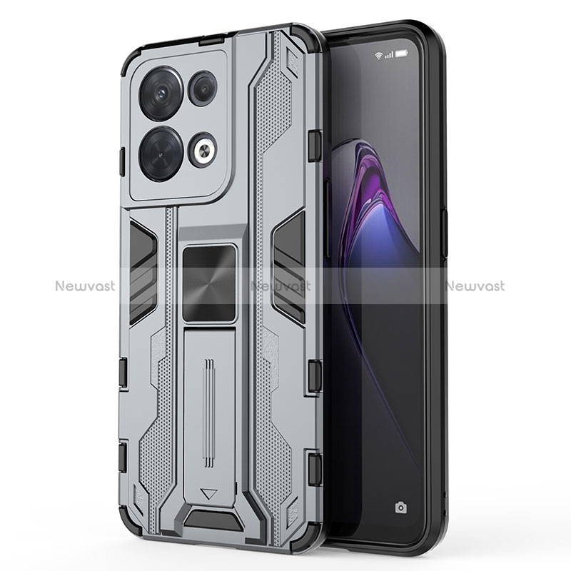 Silicone Matte Finish and Plastic Back Cover Case with Magnetic Stand for Oppo Reno8 5G Gray