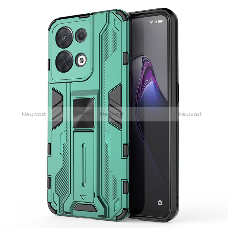 Silicone Matte Finish and Plastic Back Cover Case with Magnetic Stand for Oppo Reno8 5G Green