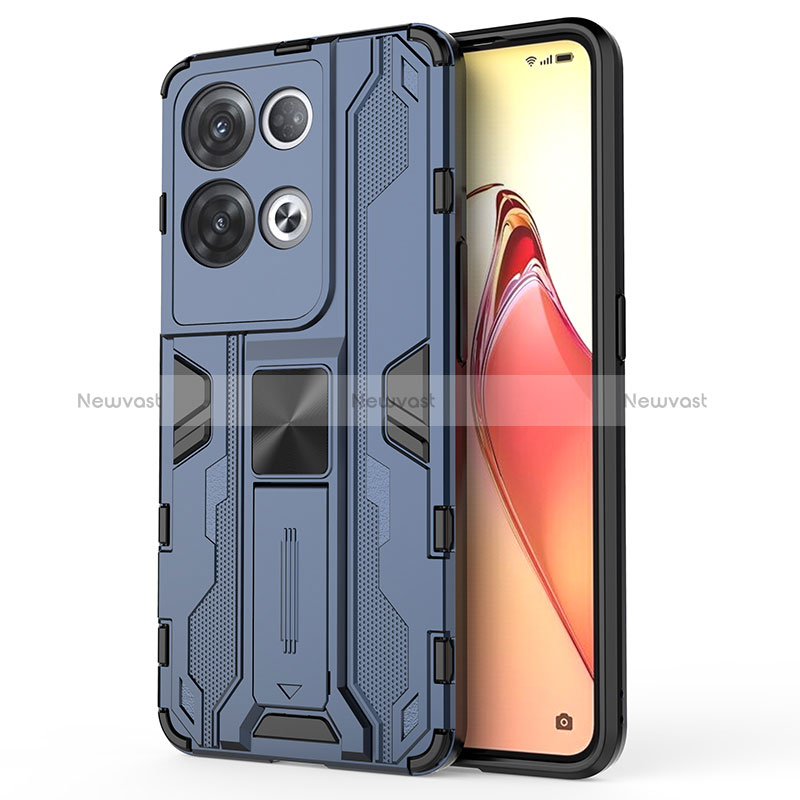 Silicone Matte Finish and Plastic Back Cover Case with Magnetic Stand for Oppo Reno8 Pro 5G Blue