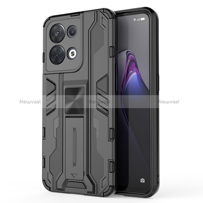 Silicone Matte Finish and Plastic Back Cover Case with Magnetic Stand for Oppo Reno9 Pro 5G Black