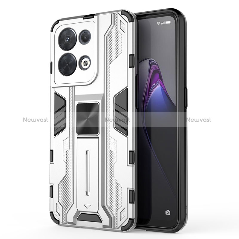 Silicone Matte Finish and Plastic Back Cover Case with Magnetic Stand for Oppo Reno9 Pro 5G White