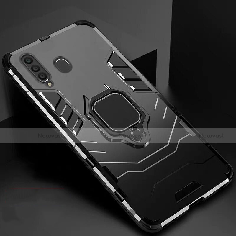 Silicone Matte Finish and Plastic Back Cover Case with Magnetic Stand for Samsung Galaxy A60 Black