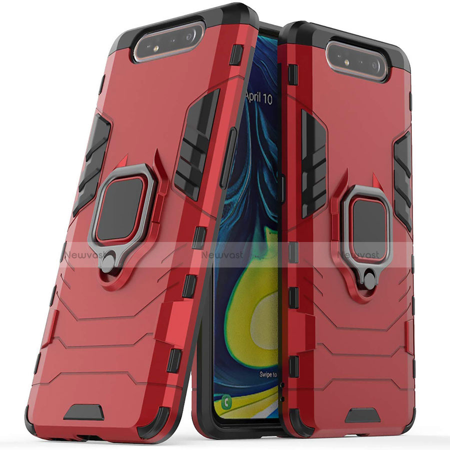 Silicone Matte Finish and Plastic Back Cover Case with Magnetic Stand for Samsung Galaxy A90 4G Red