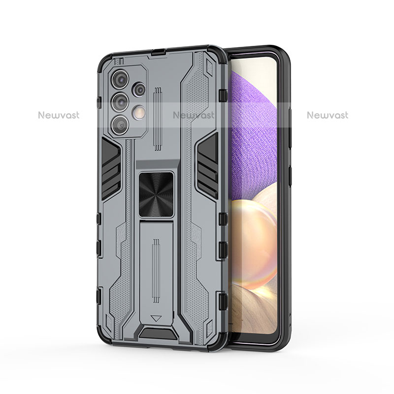 Silicone Matte Finish and Plastic Back Cover Case with Magnetic Stand for Samsung Galaxy M32 5G Gray