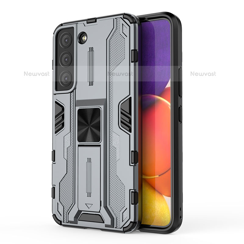 Silicone Matte Finish and Plastic Back Cover Case with Magnetic Stand for Samsung Galaxy S23 Plus 5G Gray