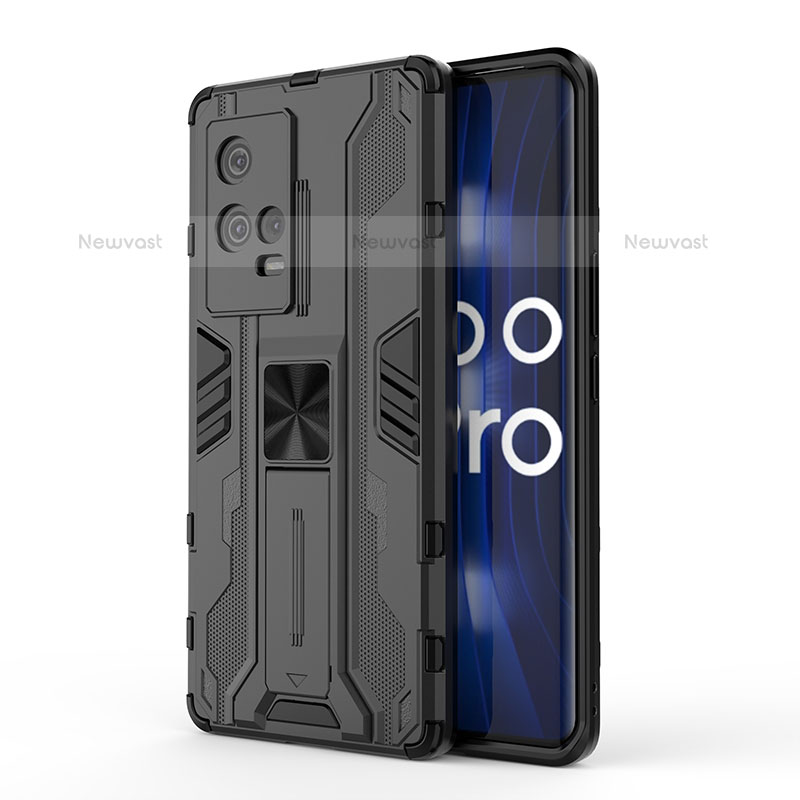 Silicone Matte Finish and Plastic Back Cover Case with Magnetic Stand for Vivo iQOO 8 Pro 5G Black