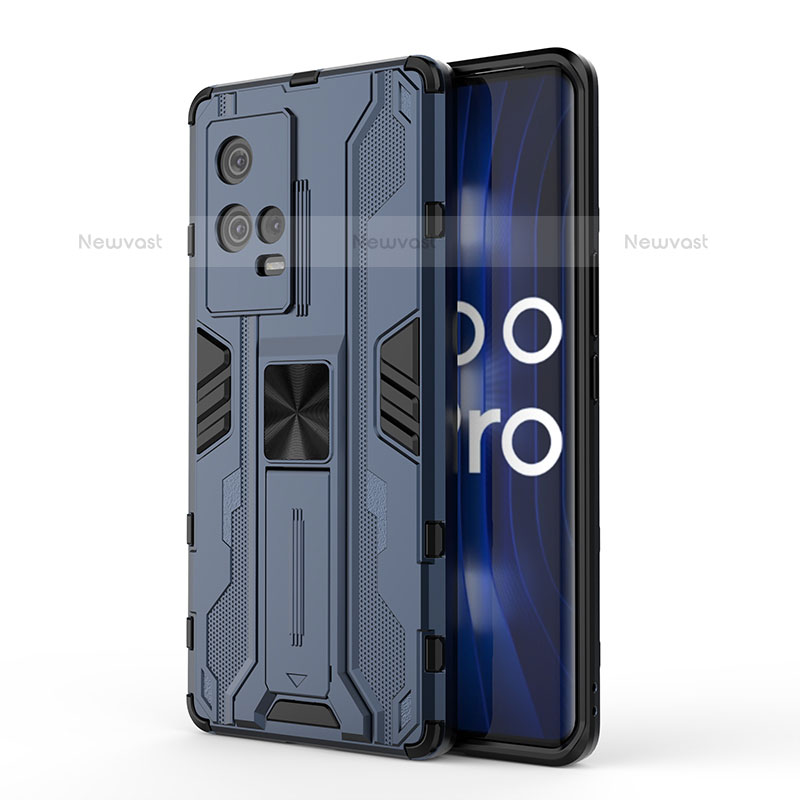 Silicone Matte Finish and Plastic Back Cover Case with Magnetic Stand for Vivo iQOO 8 Pro 5G Blue