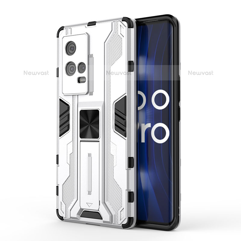 Silicone Matte Finish and Plastic Back Cover Case with Magnetic Stand for Vivo iQOO 8 Pro 5G White