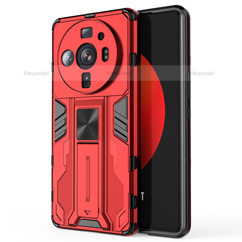 Silicone Matte Finish and Plastic Back Cover Case with Magnetic Stand for Xiaomi Mi 12S Ultra 5G Red