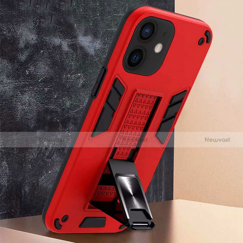 Silicone Matte Finish and Plastic Back Cover Case with Magnetic Stand H01 for Apple iPhone 12