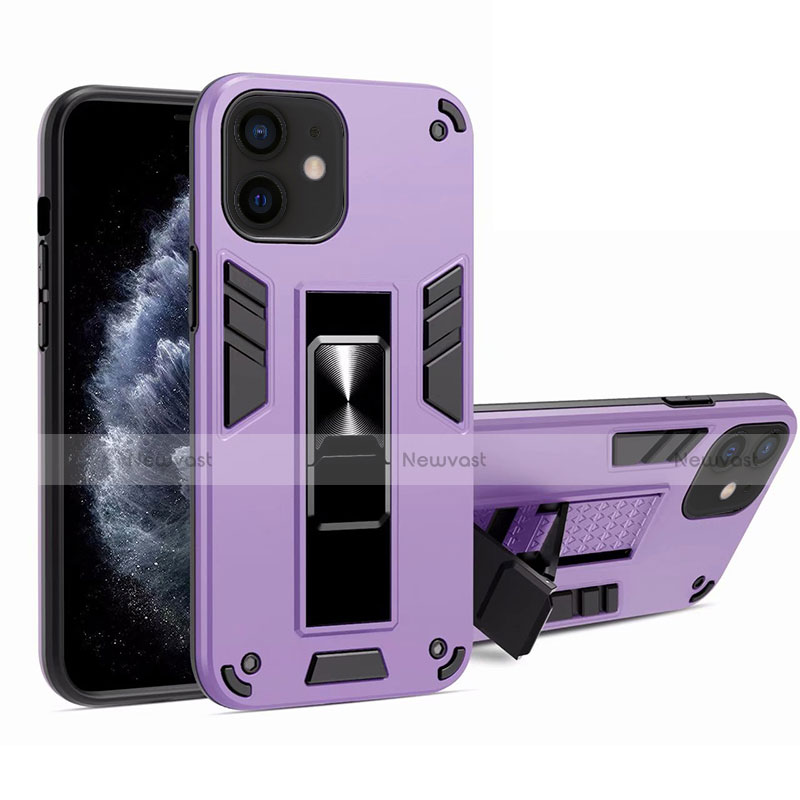 Silicone Matte Finish and Plastic Back Cover Case with Magnetic Stand H01 for Apple iPhone 12 Mini Clove Purple