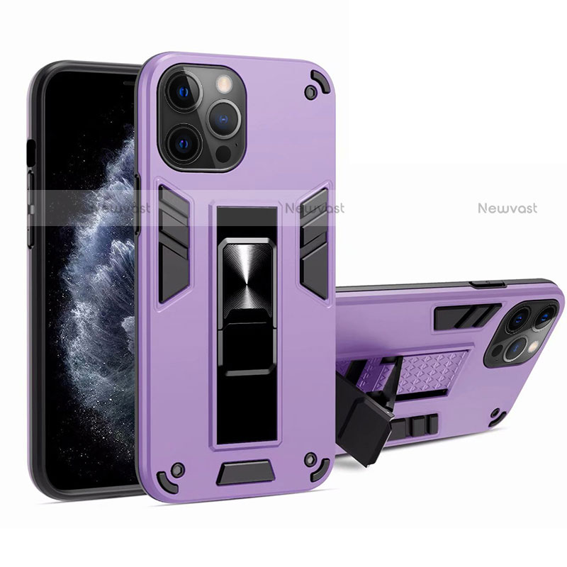 Silicone Matte Finish and Plastic Back Cover Case with Magnetic Stand H01 for Apple iPhone 12 Pro Clove Purple