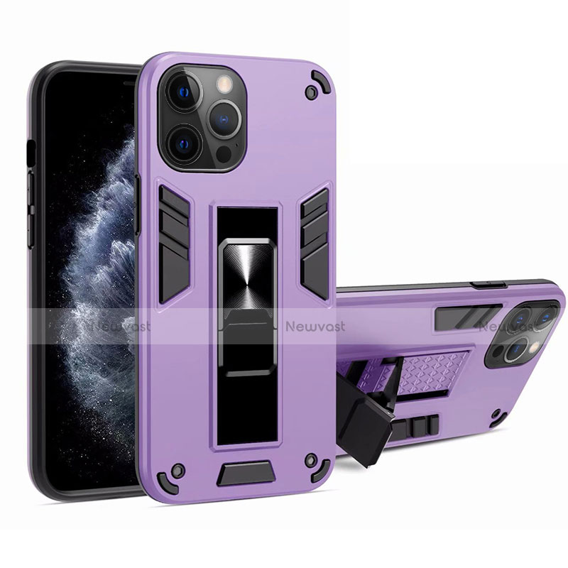 Silicone Matte Finish and Plastic Back Cover Case with Magnetic Stand H01 for Apple iPhone 12 Pro Max Clove Purple