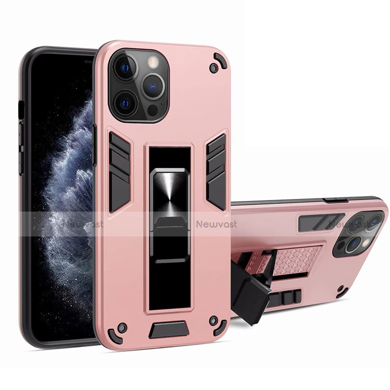 Silicone Matte Finish and Plastic Back Cover Case with Magnetic Stand H01 for Apple iPhone 12 Pro Max Pink
