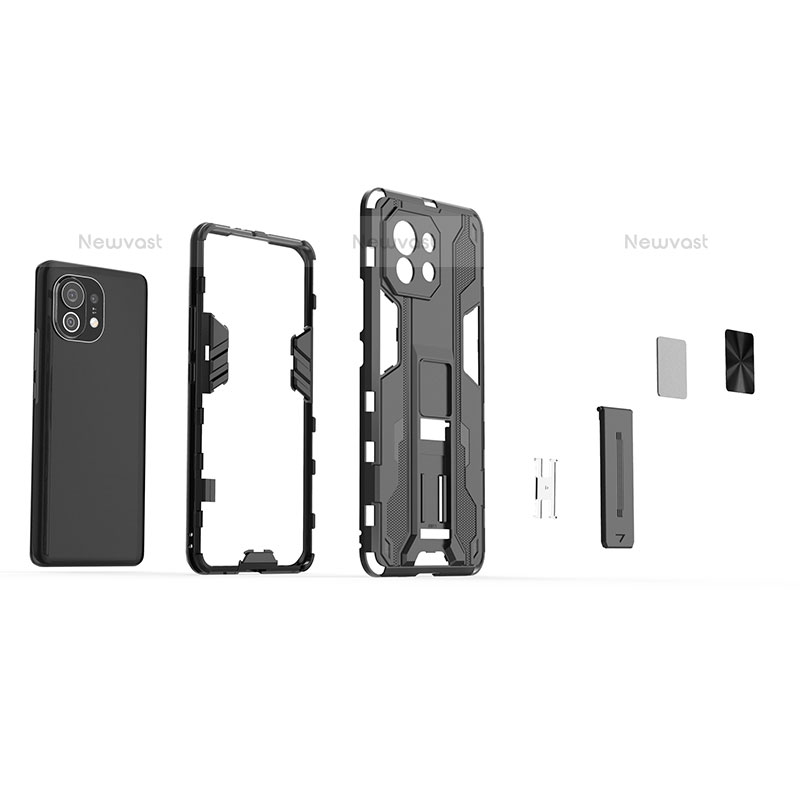Silicone Matte Finish and Plastic Back Cover Case with Magnetic Stand H01 for Xiaomi Mi 11 5G