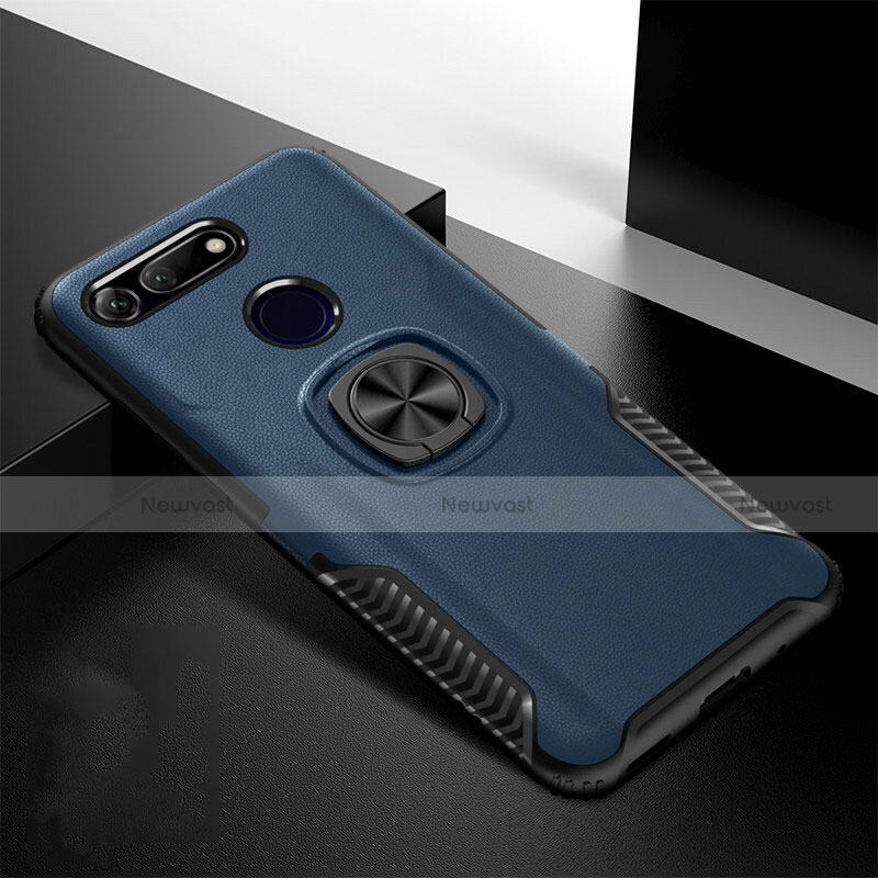 Silicone Matte Finish and Plastic Back Cover Case with Magnetic Stand H02 for Huawei Honor V20 Blue