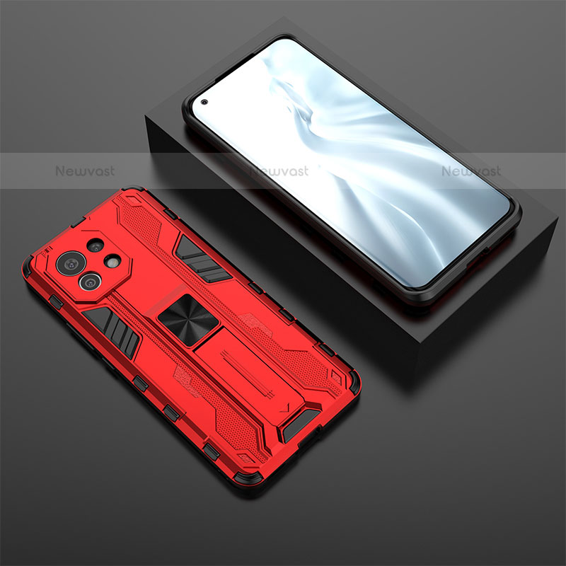 Silicone Matte Finish and Plastic Back Cover Case with Magnetic Stand H03 for Xiaomi Mi 11 5G Red