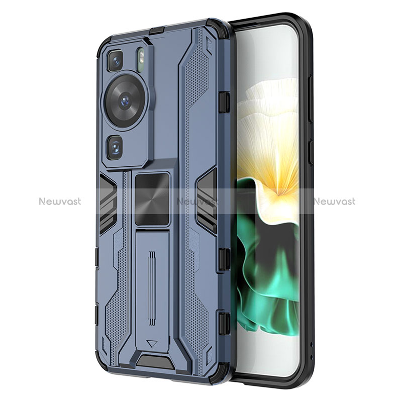 Silicone Matte Finish and Plastic Back Cover Case with Magnetic Stand KC1 for Huawei P60 Pro Blue
