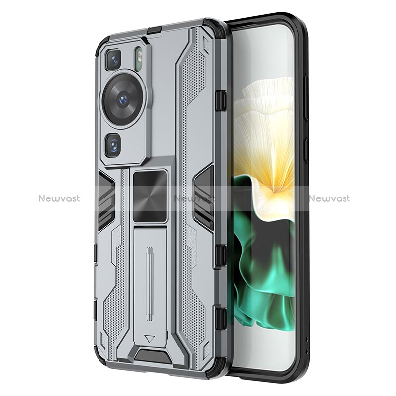 Silicone Matte Finish and Plastic Back Cover Case with Magnetic Stand KC1 for Huawei P60 Pro Gray