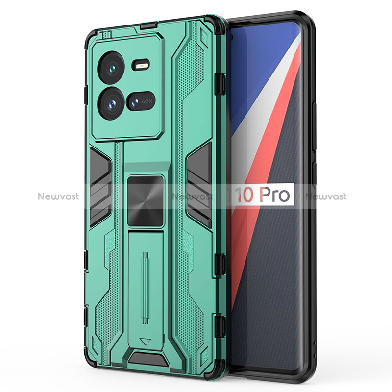 Silicone Matte Finish and Plastic Back Cover Case with Magnetic Stand KC1 for Vivo iQOO 10 Pro 5G Green
