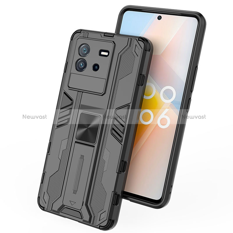 Silicone Matte Finish and Plastic Back Cover Case with Magnetic Stand KC1 for Vivo iQOO Neo6 5G